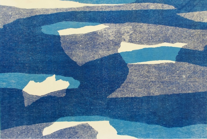 A blue and white woodblock print on Hosho rice paper depicting the sky and clouds, by artist Jessi Wong.