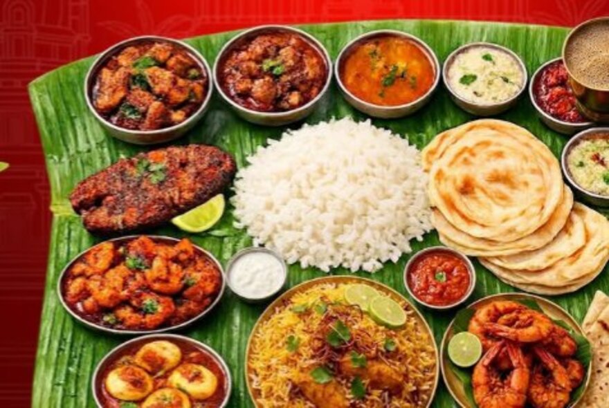 Array of Indian dishes, rice and breads served on a palm leaf.