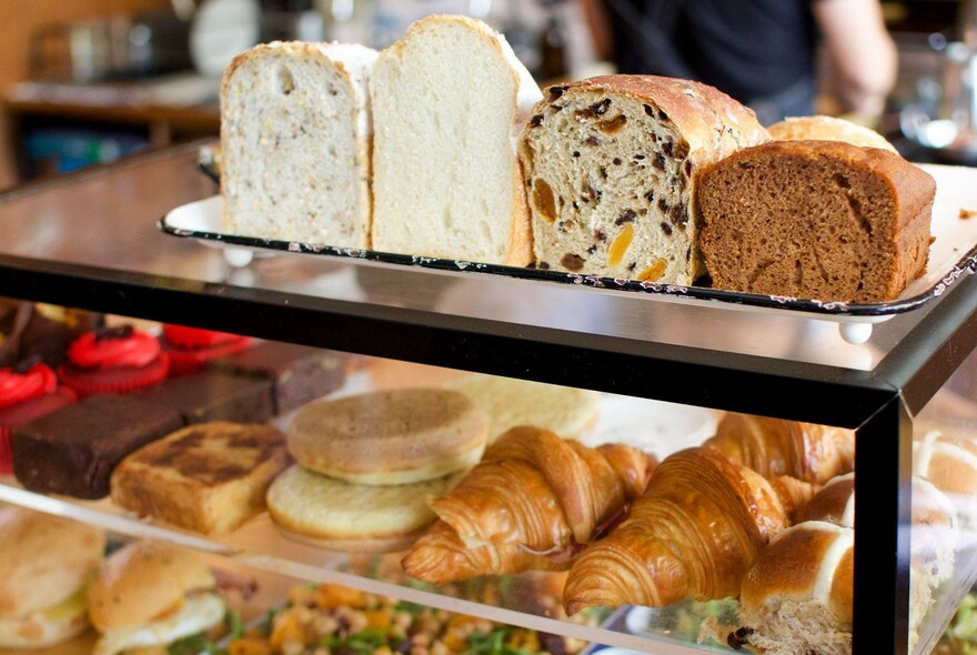 Loaves of bread and croissants.