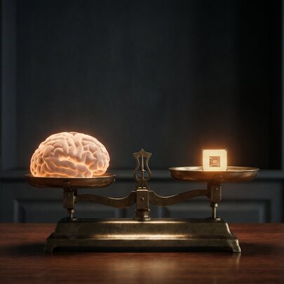 A digital rendering representing the concept of balanced intellect, with a brain on one side of a set of scales balanced with a small illuminated box on the other side, in a library setting.