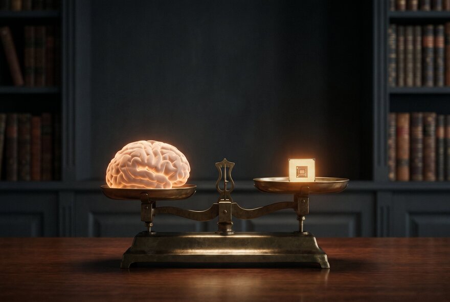 A digital rendering representing the concept of balanced intellect, with a brain on one side of a set of scales balanced with a small illuminated box on the other side, in a library setting.