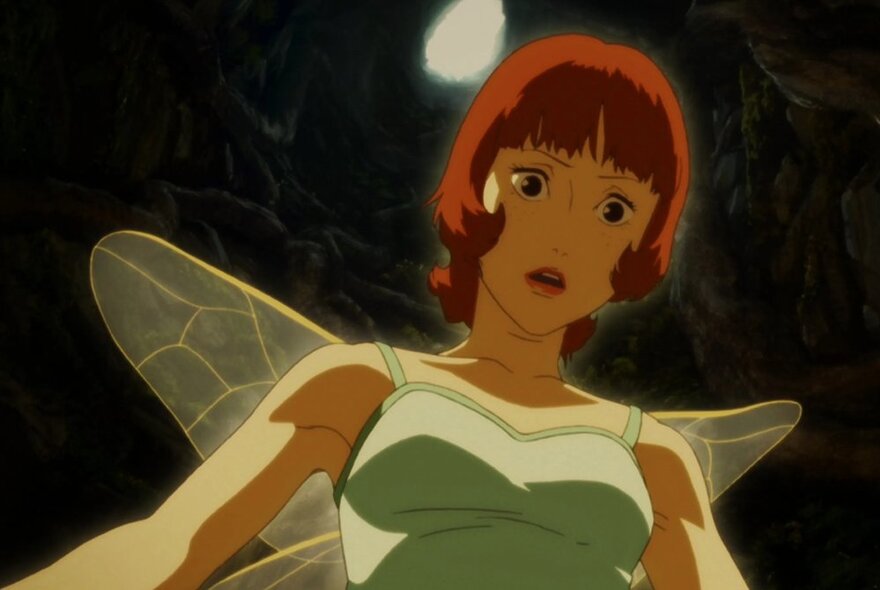 Anime still from a Japanese horror film of a figure with wings on their back, looking down at something with a surprised expression on their face. 