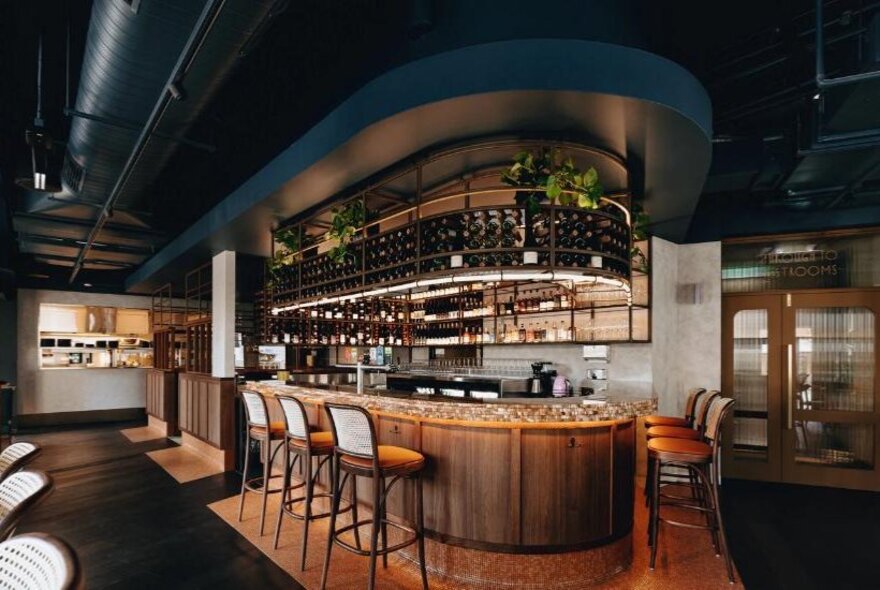 Wooden pub bar with barstools and shelves of bottles.