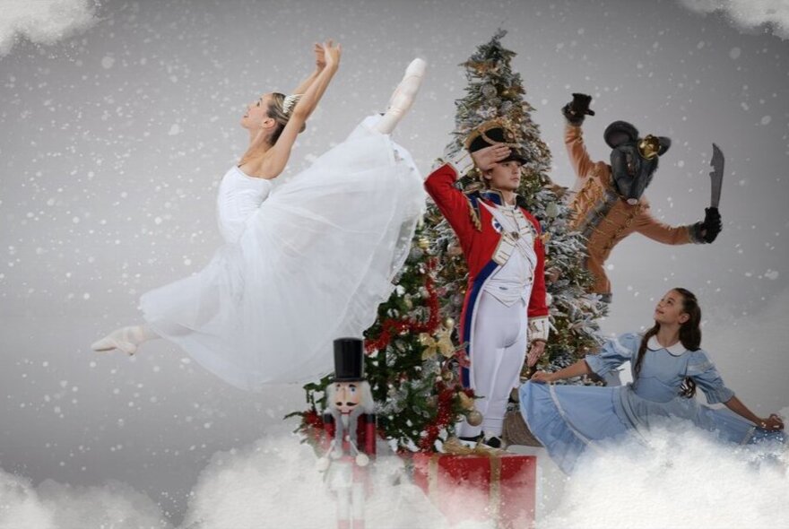 A ballet dancer soaring through the air in front of a Christmas tree with a chocolate soldier and young girl.