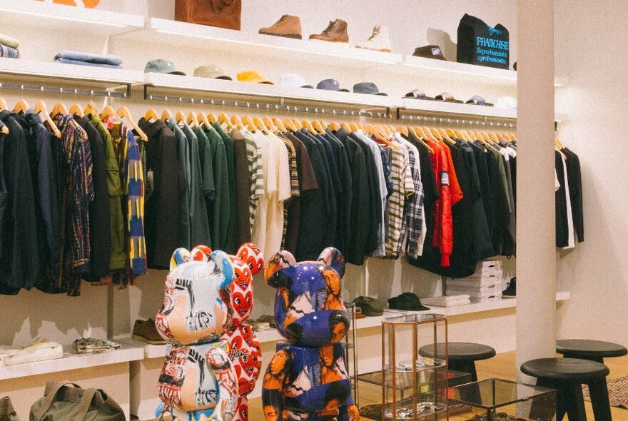 Clothing racks with shelves of shoes and accessories above and below and three painted animal statues.