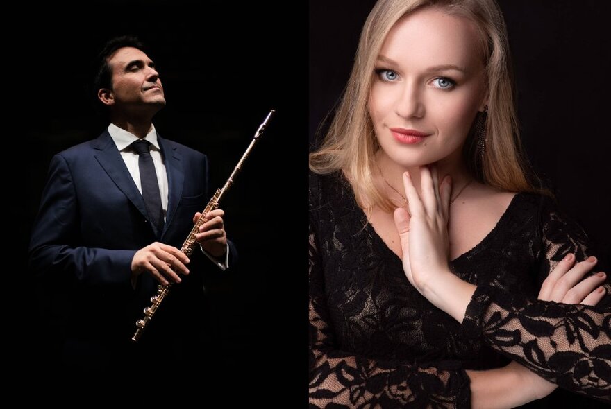 Male musician holding a flute next to a blonde woman wearing a black lace top.