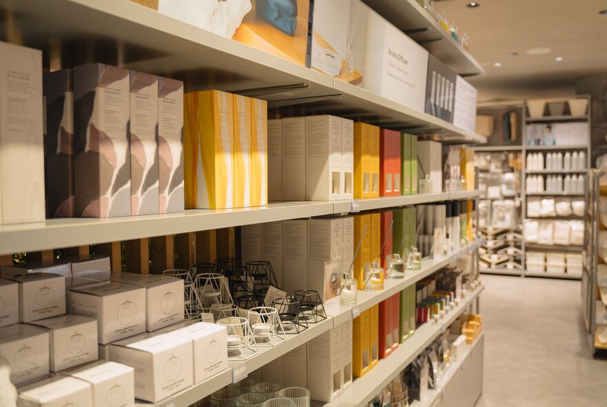 Shelves of products neatly arranged on shelves, for sale inside a retail store.