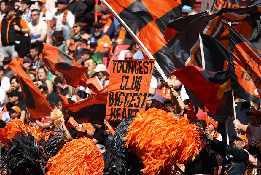 GWS Gians fans in the stands with bunting and flags.
