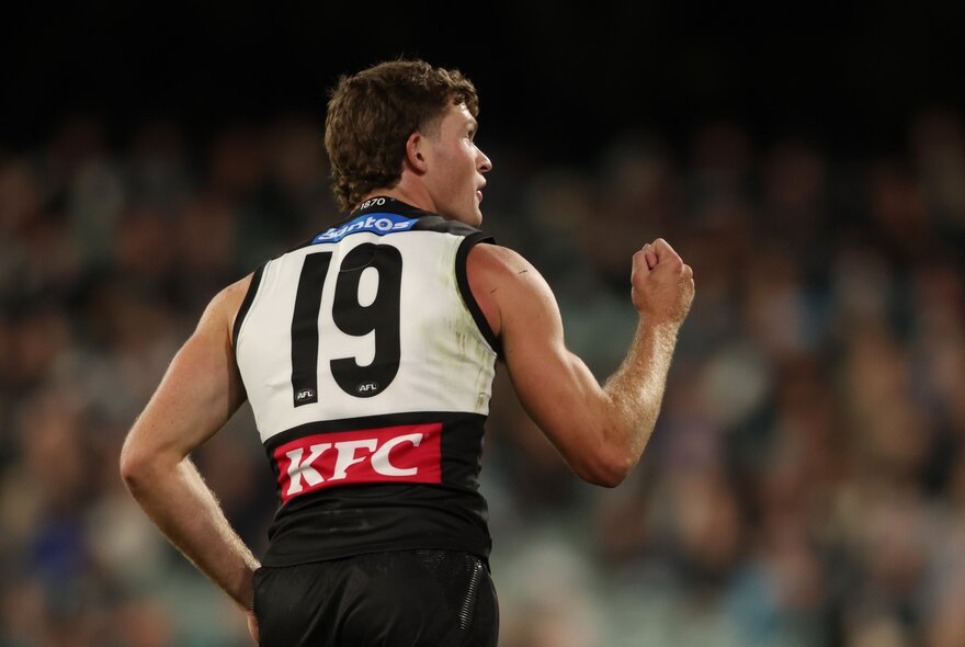 The back of an AFL football player with his fist clenched and pumped during a match.