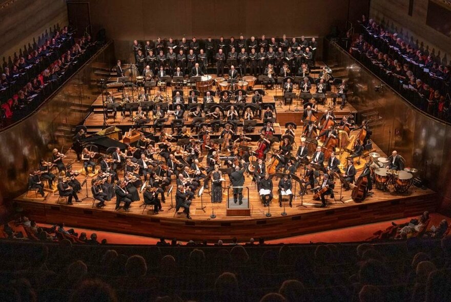 The full Melbourne Symphony Orchestra performing on stage at Hamer Hall, with the first few rows of seated audience members visible in the frame.