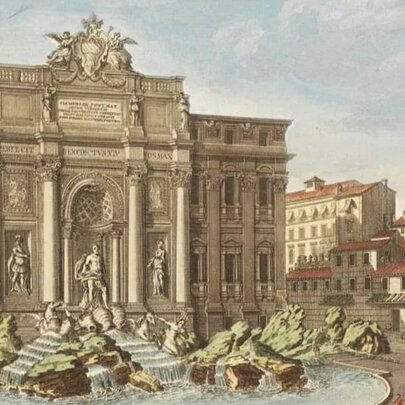 Illustration of Rome's baroque Trevi Fountain, with ornate statues and arch.