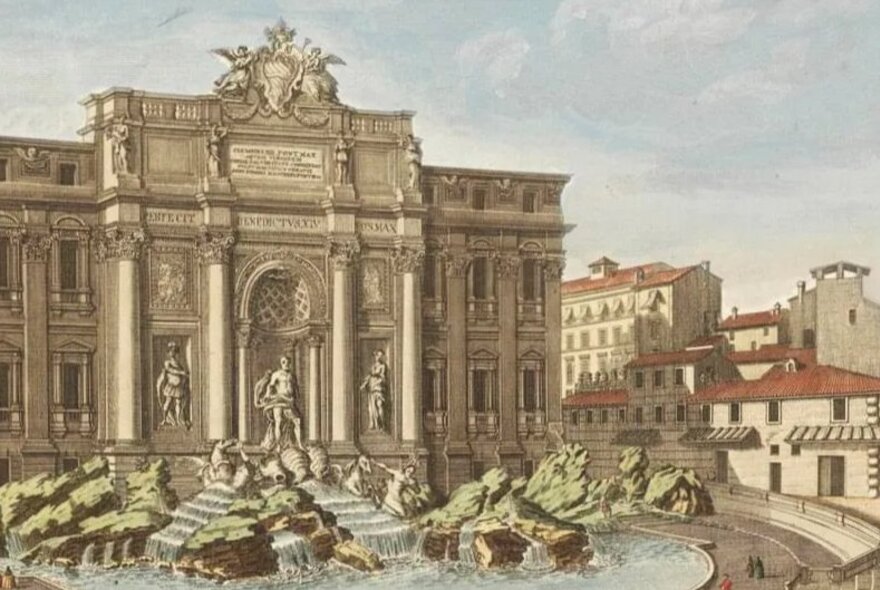 Illustration of Rome's baroque Trevi Fountain, with ornate statues and arch.
