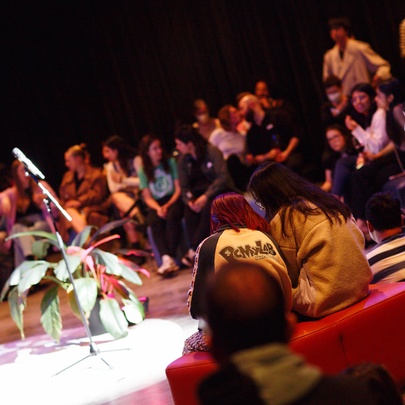 Angled view of people in a theatre setting listening to a lecture, a plant on a table.