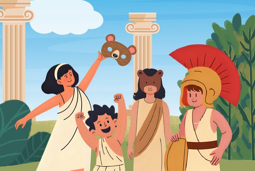 A cartoon drawing of four children dressed in clothing of ancient Greece, one of them wearing a bear mask, with Ionic columns against a blue sky in the background.