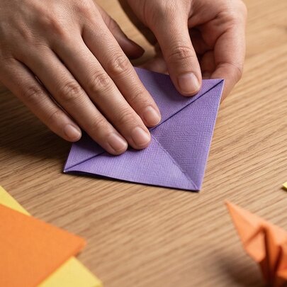 Hands folding coloured paper square to make origami.