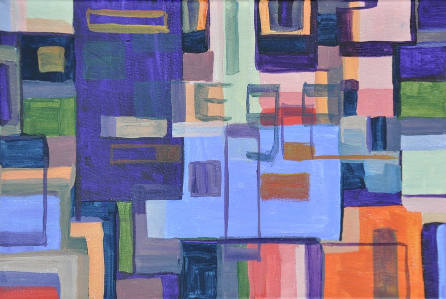 An abstract artwork that is a series of mostly blue, different-sized squares overlayed on top of each other in a seemingly random pattern.