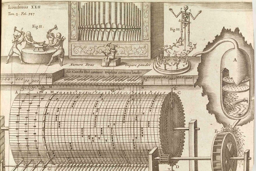 A technical illustration of a hydraulic automaton pipe organ from Athanasius Kircher's 1650 book Musurgia universalis.