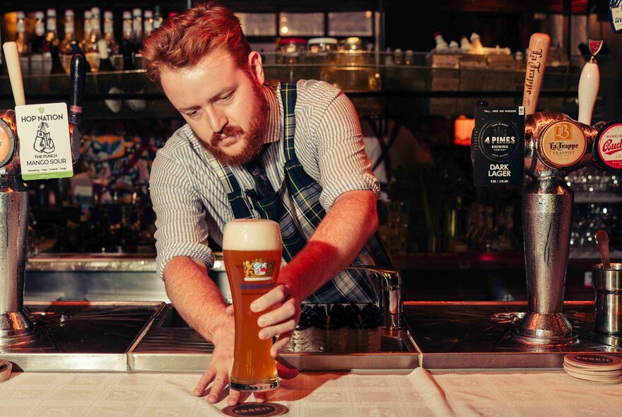 A bartender in a tartan apron placing a large pint of European beer on the bar.