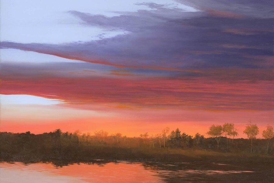A landscape painting capturing a sunset over a body of water, featuring a vibrant orange and pink sky.