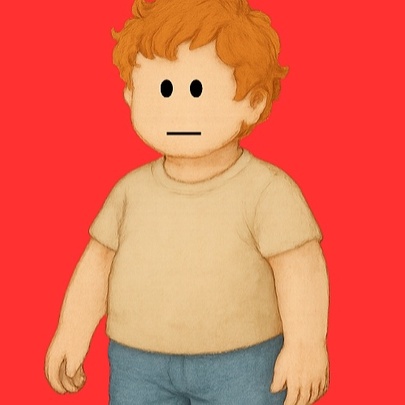 A cartoon image of a chubby kid with ginger hair and a serious face on a red background.