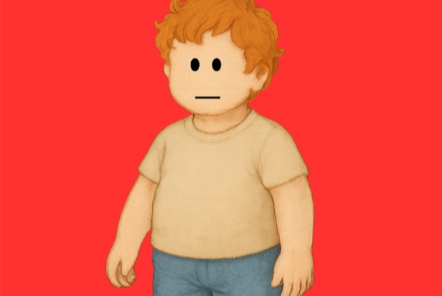 A cartoon image of a chubby kid with ginger hair and a serious face on a red background.