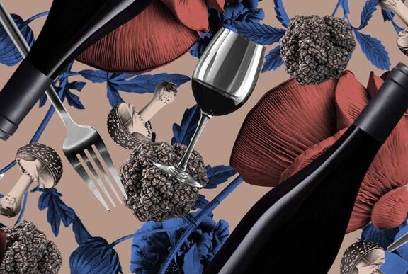 Graphic image of wine glass, bottle and truffles.