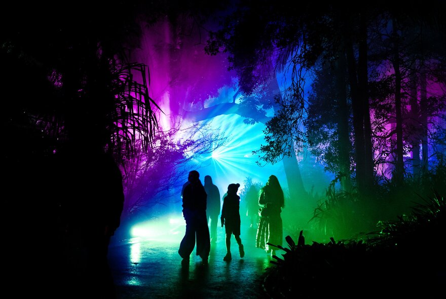 A family are walking through a forest at night that is lit up in neon lights