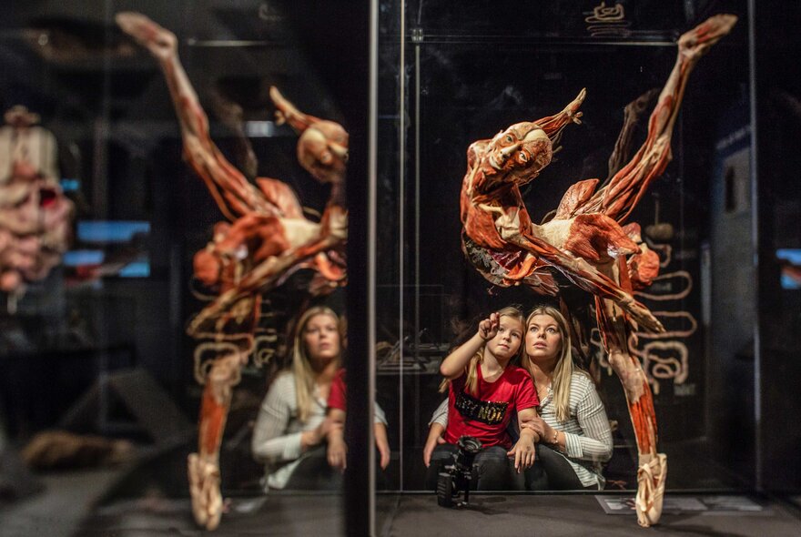 A woman and child sit in a museum, looking up at a glass case displaying a preserved human body posed in a dramatic leap, with exposed muscles visible.