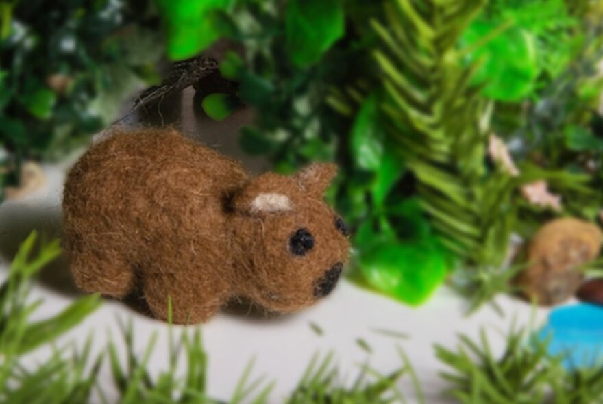 A small brown felted creature in a setting of fake trees and grasses. 