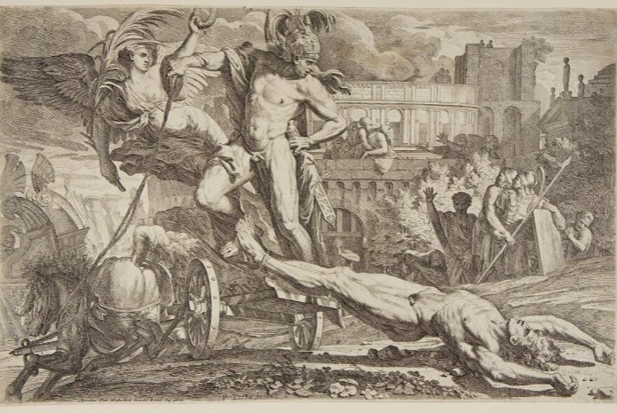 A black and white drawing of well-muscled Greek gods and goddesses, with one standing on a chariot while the other falls to his death.