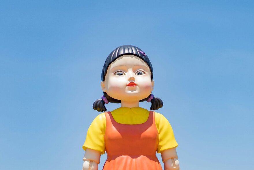 Film still of the giant coloured toy doll from the Netflix hit series Squid Game.