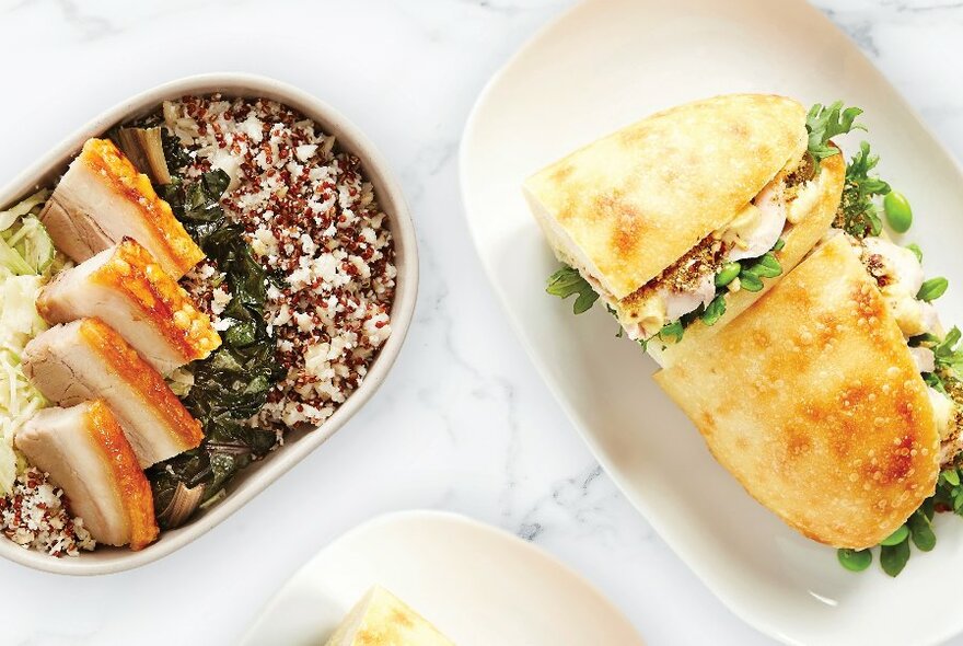 A pork belly wholebowl and chicken focaccia 