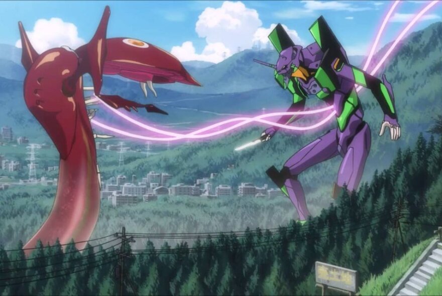 A still from an anime movie, of a giant robot creature fighting with a giant serpent, in a forest.