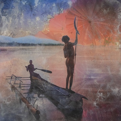Photographic artwork of Indigenous people standing in a canoe in a hand-tinted landscape.