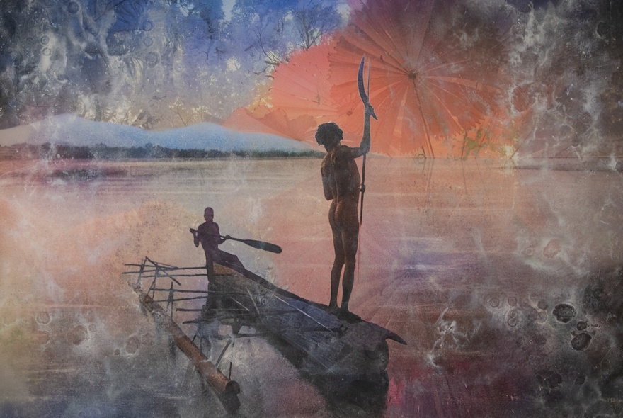 Photographic artwork of Indigenous people standing in a canoe in a hand-tinted landscape.