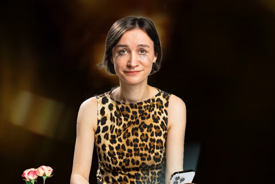 A woman with short dark hair and smudged mascara on her face, as if she has been crying, posed against a dark background.