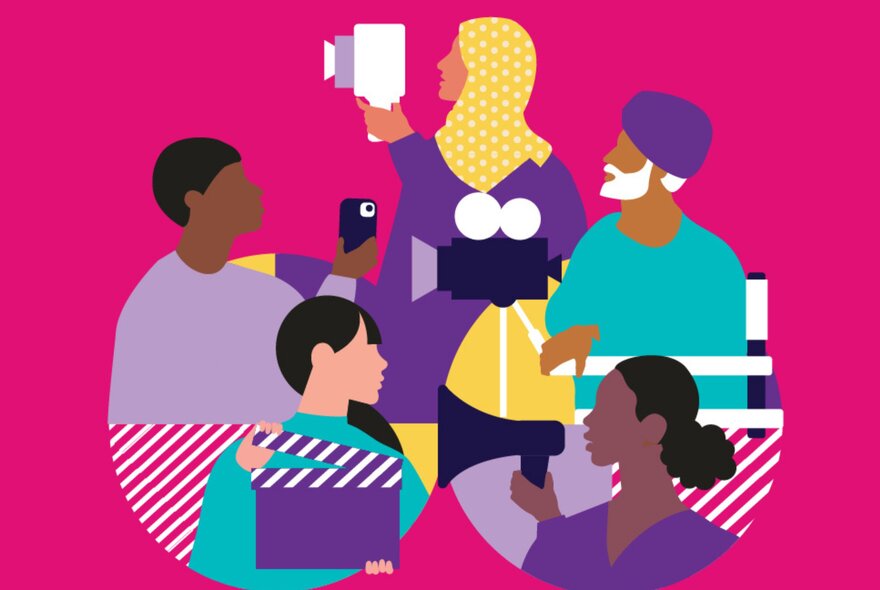 Colourful graphic illustration of five people in profile, some holding film equipment, set against a dark pink background.