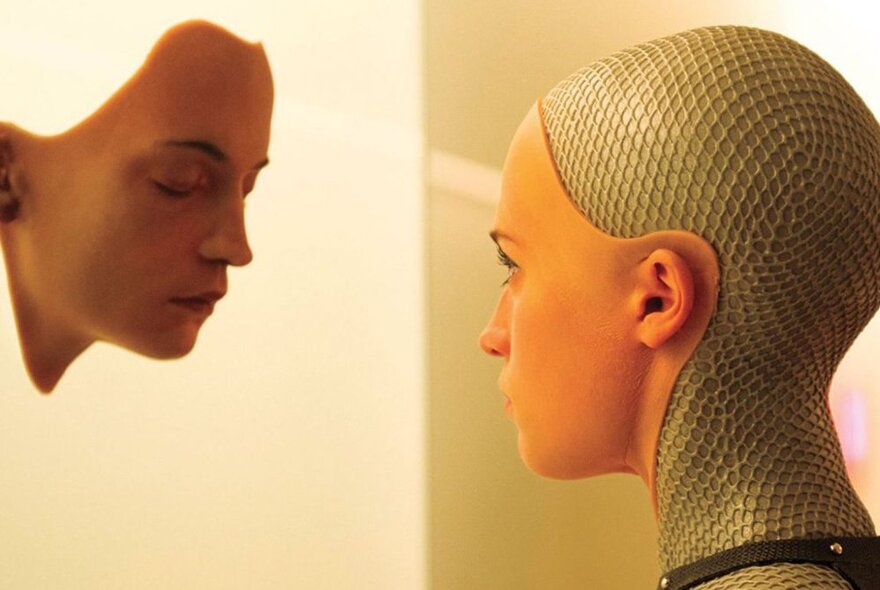 A female, human-like cyborg with a changeable human skin-like face, with a second face in front of her.