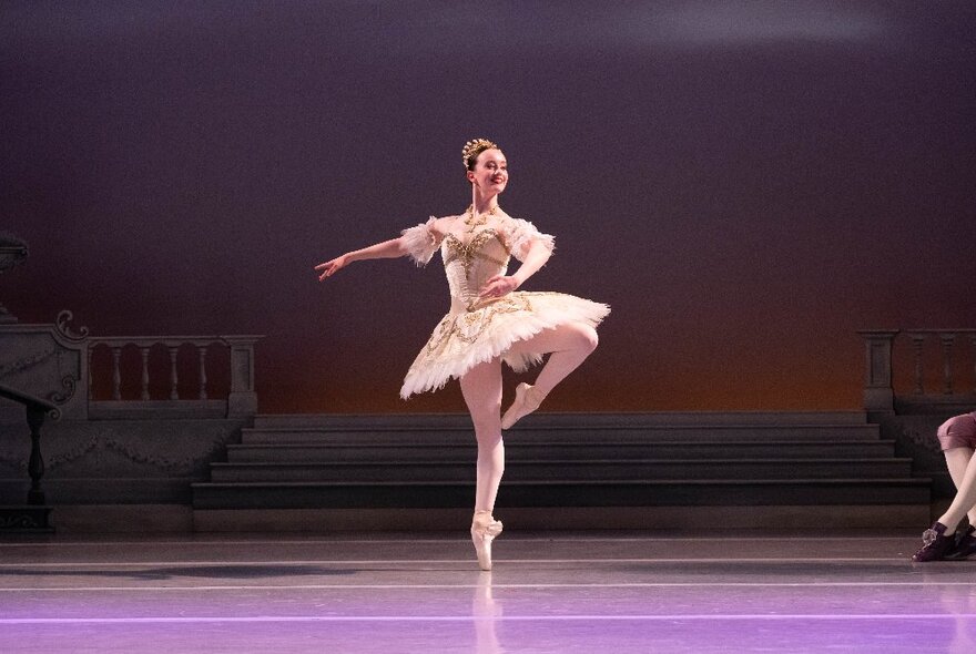 A ballet dancer on a large stage, wearing a tutu and holding a pose while standing on one leg on pointe shoes.