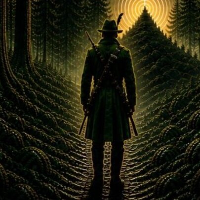 A dark stylised lino print of a German man walking through the forest towards a light at the top of a mountain.