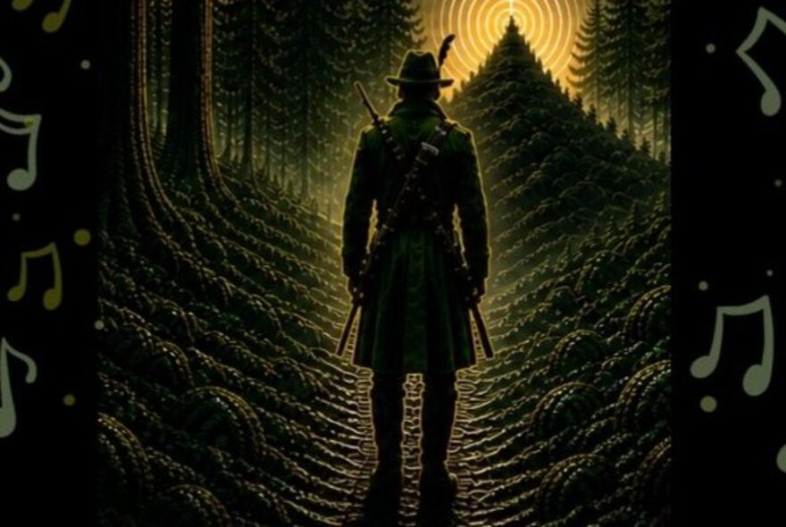 A dark stylised lino print of a German man walking through the forest towards a light at the top of a mountain.