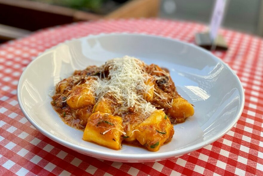 Bowl of gnocchi in a Napoli sauce with parmesan on a table with a red and white checked table cloth.