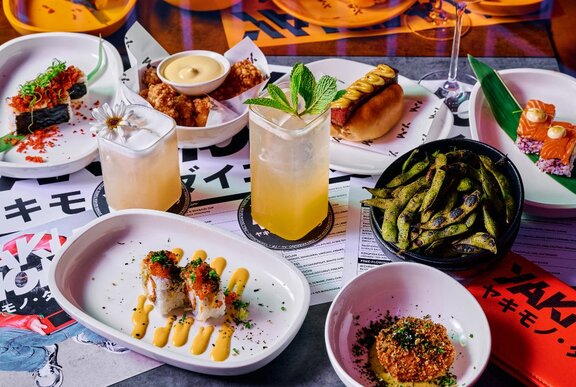 A selection of Japanese dishes and colourful cocktails.