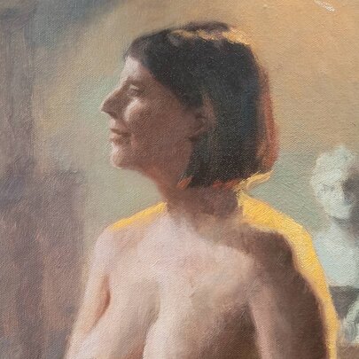 An oil painting depicting a side-profile view of a woman with short dark hair, rendered in warm, soft lighting, with a classical sculpted bust in the background.