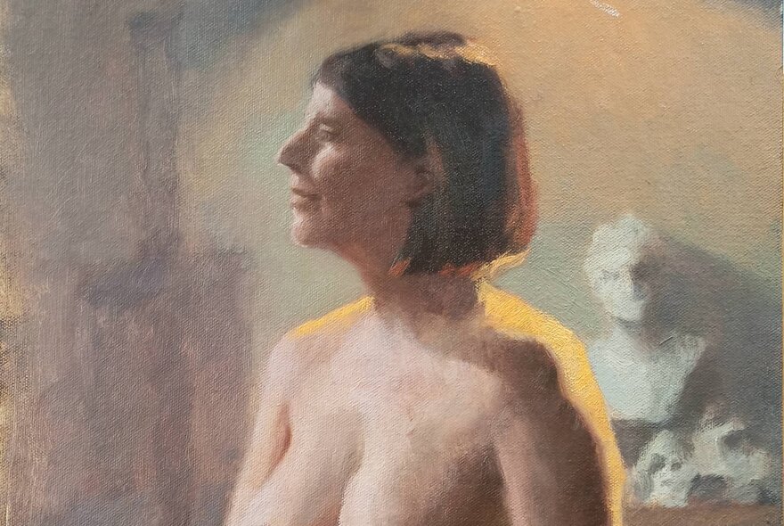 An oil painting depicting a side-profile view of a woman with short dark hair, rendered in warm, soft lighting, with a classical sculpted bust in the background.