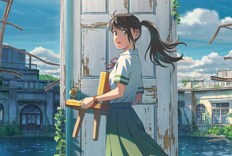 Still from a Japanese Anime movie showing a young student carrying a small chair as she walks in front of a door to nowhere.