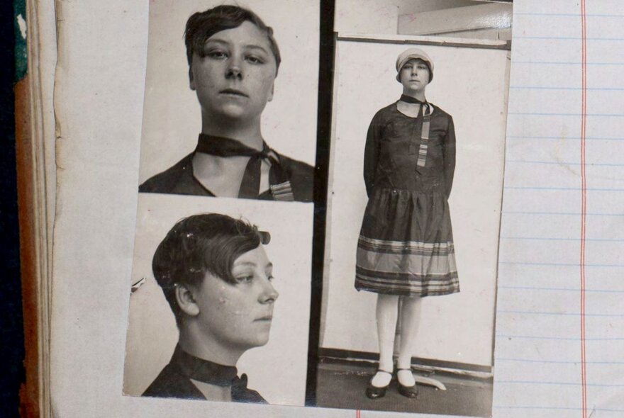 Mugshots of a 1920s woman with bobbed hair wearing knee-length dress and scarf.