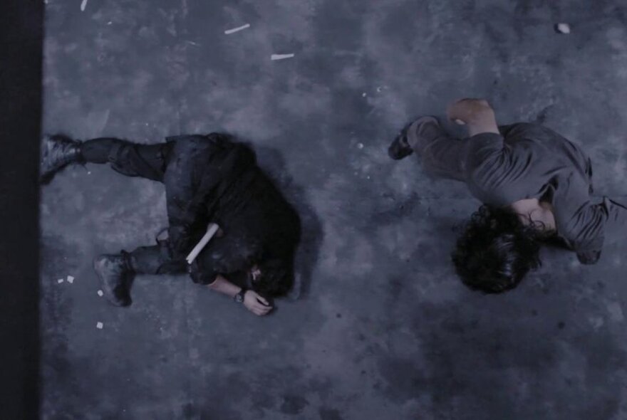 A still from the film The Raid looking straight down on two people on a floor. 