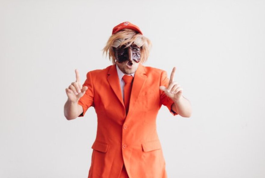 A man in a short-sleeved orange suit, tie and hat with face paint on and index fingers pointing upwards. 