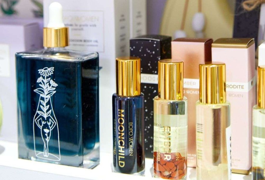 Bottles of oil in a skincare shop.